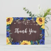 Rustieke Zonnebloem Blauw Bloemen Rand Hout Bruilo Bedankkaart (Staand voorkant)