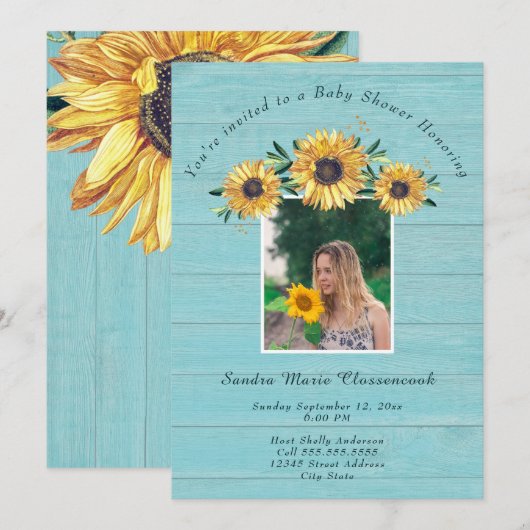 Rustieke Zonnebloem Blauw Hout Boy Baby shower Kaart (Voorkant / Achterkant)