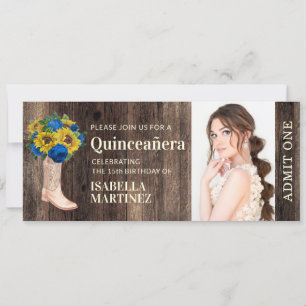Rustieke zonnebloem blauwe roos laars Quinceañera Kaart