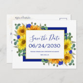 Rustieke Zonnebloem Blauwe Rozen Bruiloft Save the Aankondigingskaart (Voorkant / Achterkant)