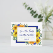 Rustieke Zonnebloem Blauwe Rozen Bruiloft Save the Aankondigingskaart (Staand voorkant)