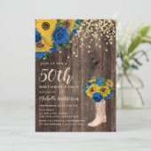 Rustieke zonnebloem blauwe rozen laarzen 50ste ver kaart (Staand voorkant)