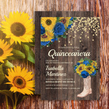 Rustieke zonnebloem blauwe rozen laarzen Quinceañe