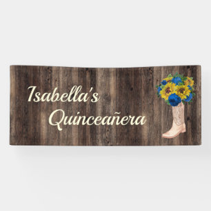 Rustieke zonnebloem blauwe rozen laarzen Quinceañe Spandoek