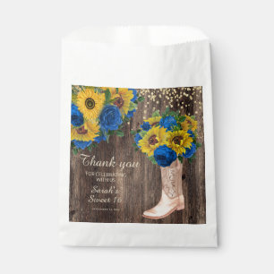 Rustieke zonnebloem blauwe rozen laarzen Sweet 16 Bedankzakje