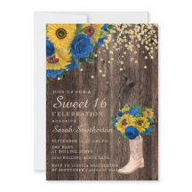 Rustieke zonnebloem blauwe rozen laarzen Sweet 16