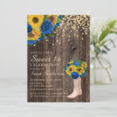 Rustieke zonnebloem blauwe rozen laarzen Sweet 16 Kaart (Staand voorkant)