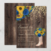 Rustieke zonnebloem blauwe rozen laarzen Sweet 16 Kaart (Voorkant / Achterkant)