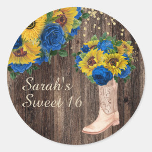 Rustieke Zonnebloem Blauwe Rozen Laarzen Sweet 16 Ronde Sticker