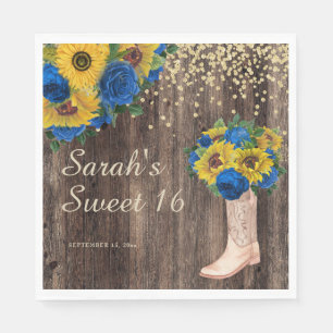 Rustieke zonnebloem blauwe rozen laarzen Sweet 16 Servet
