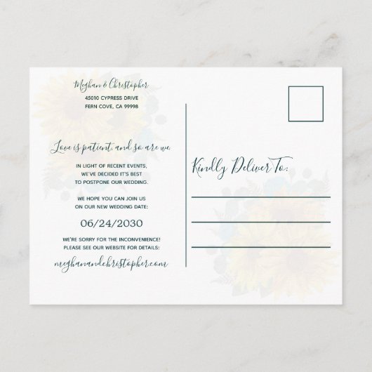 Rustieke Zonnebloem Blauwgroen Roos Bruiloft Veran Aankondigingskaart (Achterkant)