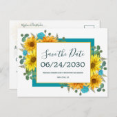 Rustieke Zonnebloem Blauwgroen Rozen Bruiloft Save Aankondigingskaart (Voorkant / Achterkant)