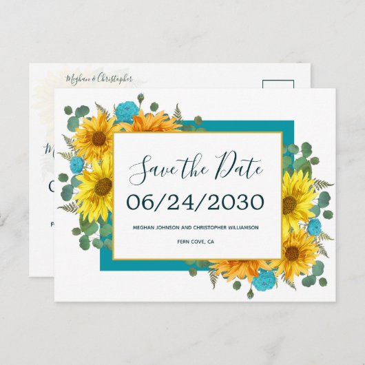 Rustieke Zonnebloem Blauwgroen Rozen Bruiloft Save Aankondigingskaart (Voorkant / Achterkant)