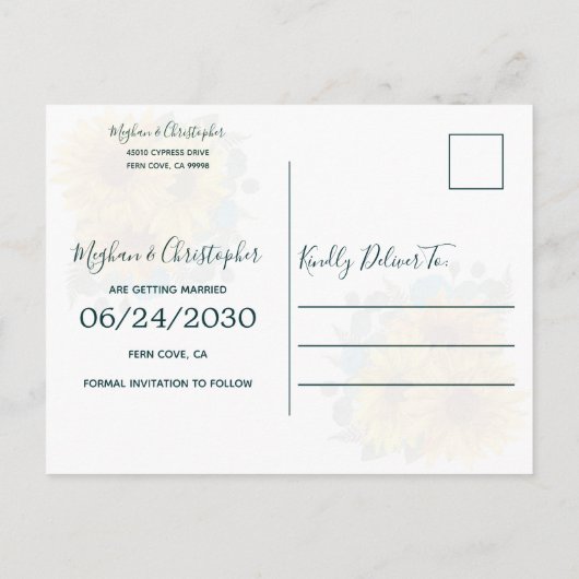 Rustieke Zonnebloem Blauwgroen Rozen Bruiloft Save Aankondigingskaart (Achterkant)