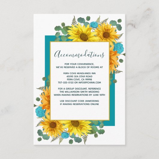 Rustieke Zonnebloem Blauwgroen Rozen Trouwaccommod Informatiekaartje (Voorkant)