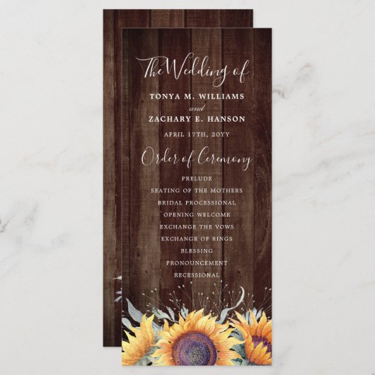 Rustieke zonnebloem bloei | Trouwprogramma Programmakaart (Voorkant / Achterkant)