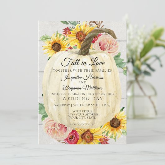 Rustieke zonnebloem bloem wit pompoen shiplap hout kaart (Staand voorkant)