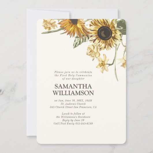 Rustieke Zonnebloem Bloemen Eerste Communie Uitnod Kaart (Voorkant)