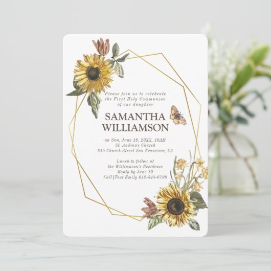 Rustieke Zonnebloem Bloemen Eerste Communie Uitnod Kaart (Staand voorkant)
