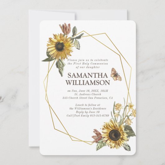 Rustieke Zonnebloem Bloemen Eerste Communie Uitnod Kaart (Voorkant)