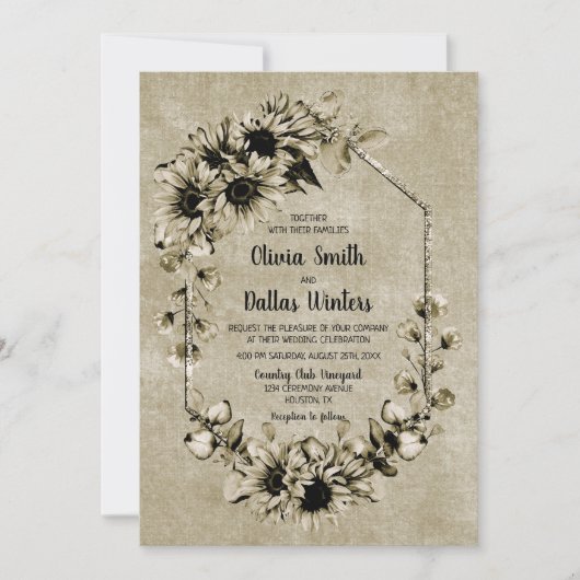 Rustieke Zonnebloem Bloemen Geometrische Bruiloft Kaart (Voorkant)