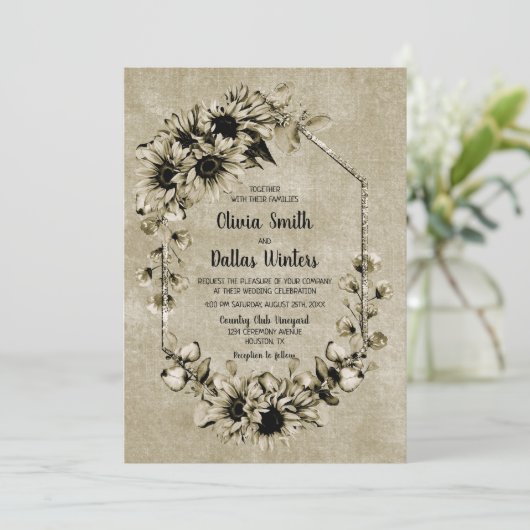 Rustieke Zonnebloem Bloemen Geometrische Bruiloft Kaart (Staand voorkant)