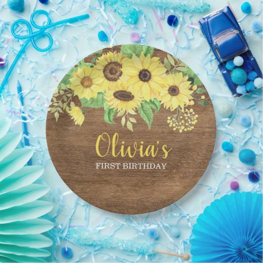 Rustieke Zonnebloem Bloemen Hout Zomer Eerste Verj Papieren Bordje (Feest)