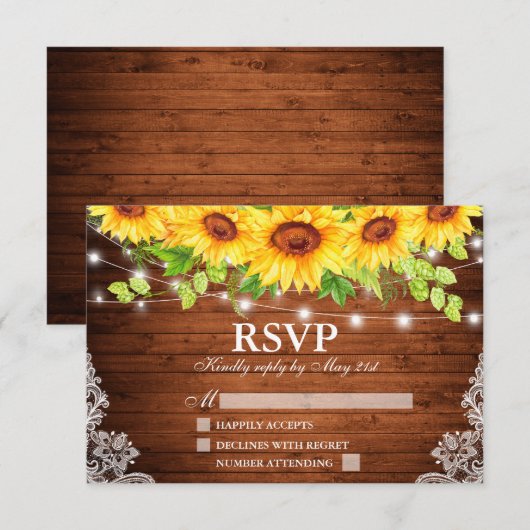 Rustieke Zonnebloem Bloemen Houten Lichten Kant RS RSVP Kaartje (Voorkant / Achterkant)