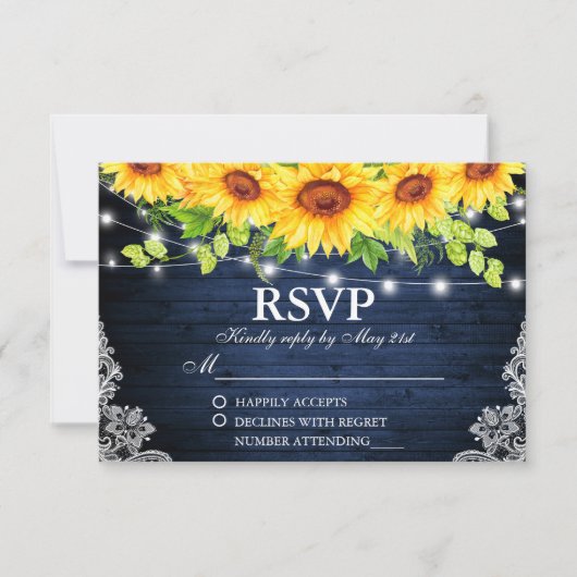 Rustieke Zonnebloem Bloemen Kant Blauwe Houten Lic RSVP Kaartje (Voorkant)