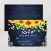Rustieke Zonnebloem Bloemen Kant Blauwe Houten Lic RSVP Kaartje (Voorkant / Achterkant)
