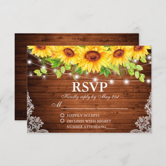 Rustieke Zonnebloem Bloemen Kant Houten Lichten RS RSVP Kaartje (Voorkant / Achterkant)