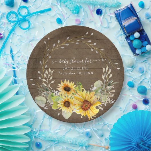 Rustieke Zonnebloem Bloemen Waterverf Baby shower Papieren Bordje (Feest)