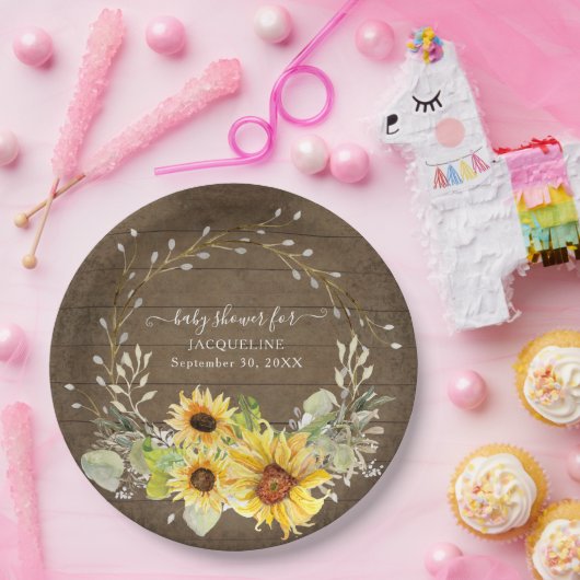 Rustieke Zonnebloem Bloemen Waterverf Baby shower Papieren Bordje (Feest)