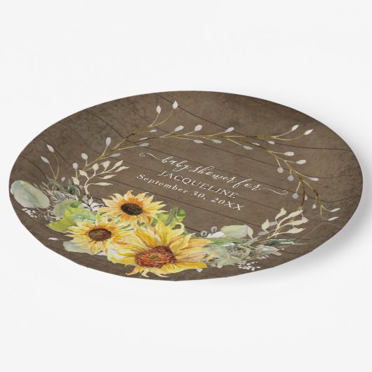 Rustieke Zonnebloem Bloemen Waterverf Baby shower Papieren Bordje (Gekanteld)