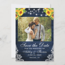 Rustieke zonnebloem bloemstuk blauwe houten lichte save the date