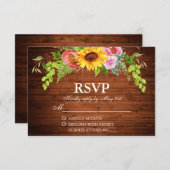 Rustieke Zonnebloem Bloemstuk Houten Bruiloft RSVP Kaartje (Voorkant / Achterkant)
