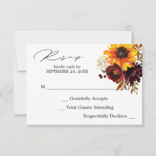 Rustieke zonnebloem & bordeaux, paarse bloemen gee RSVP kaartje