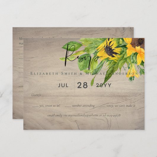 Rustieke Zonnebloem Bosbruiloft RSVP Briefkaart (Voorkant / Achterkant)