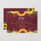 Rustieke Zonnebloem Bourgogne Gouden Kant Bruiloft RSVP Kaartje (Voorkant / Achterkant)