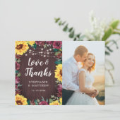 Rustieke Zonnebloem Bourgogne Hout Licht Bruiloft Bedankkaart (Staand voorkant)