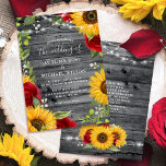 Rustieke Zonnebloem Bourgogne Rode Rose Wood Bruil Kaart<br><div class="desc">Unieke en mooie rustieke land zonnebloem bruiloft uitnodigingen die u kunt personaliseren voor uw grote dag! Dit bijzondere ontwerp dat alleen op Zazzle te vinden is, bevat onder andere zonnebloemen, bordeaux rode rozen, witte babyadem en bloemengroen hand geschilderd door Raphaela Wilson in waterverf en andere gemengde media. Op de achtergrond...</div>