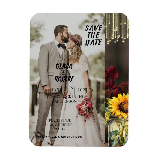 Rustieke Zonnebloem, Bourgogne roos, Hout, Licht,  Magneet (Verticaal)