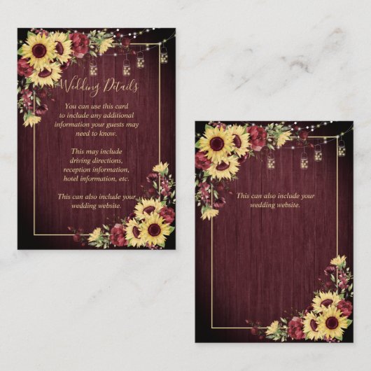 Rustieke Zonnebloem Bourgondië Hout Bloemen Detail Informatiekaartje (Voorkant / Achterkant)