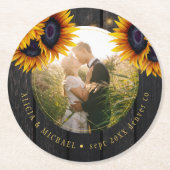 Rustieke zonnebloem bruidegom foto bruiloft gunst ronde kartonnen onderzetter (Voorkant)
