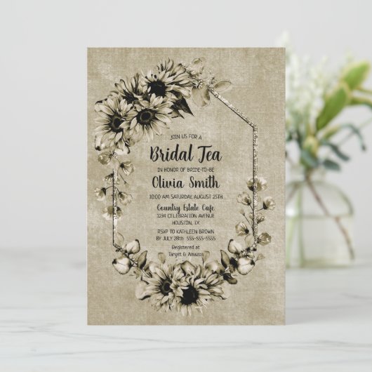 Rustieke Zonnebloem Bruids Thee Kaart (Staand voorkant)