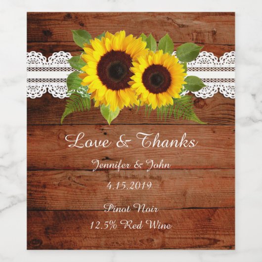 Rustieke Zonnebloem Bruiloft Collectie Wijnlabel Wijn Etiket (Enkel label)