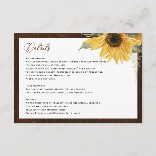 Rustieke Zonnebloem bruiloft details bijsluiter ka Informatiekaartje (Voorkant)