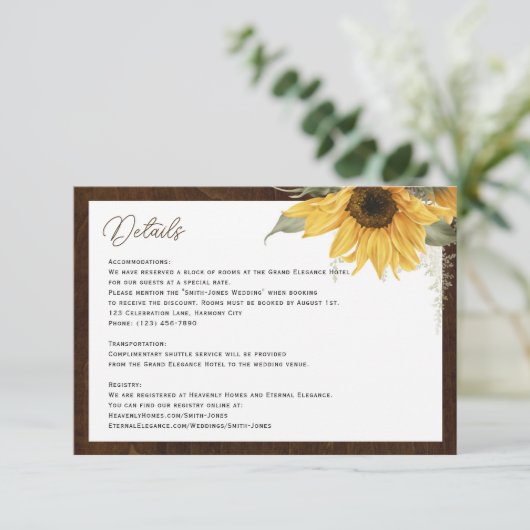 Rustieke Zonnebloem bruiloft details bijsluiter ka Informatiekaartje (Staand voorkant)