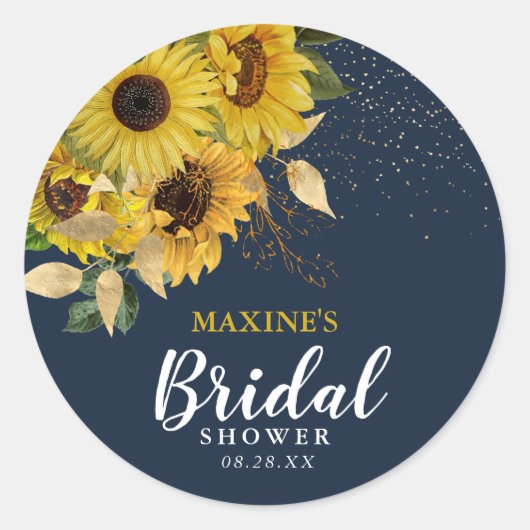 Rustieke Zonnebloem Bruiloft in Navy & Goud Ronde Sticker (Voorkant)