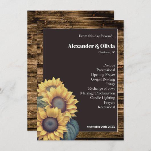 Rustieke zonnebloem bruiloft programma (Voorkant / Achterkant)